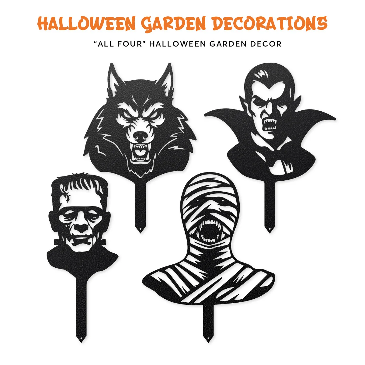 Halloween Monster 4-Pack Garden Stakes | Dracula, Frankenstein, Wolfman, & Mummy